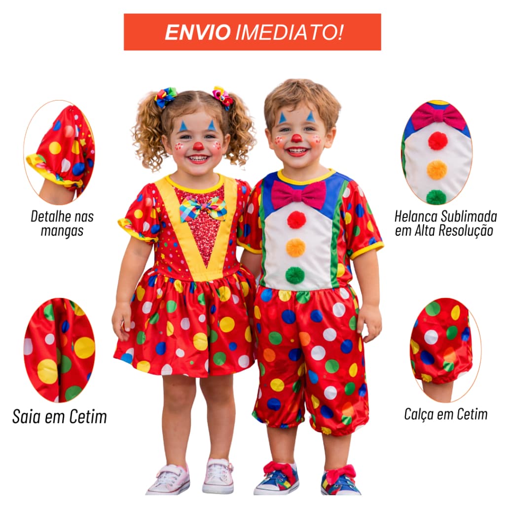 Fantasia Infantil Menino e Menina Palhacinha e Palhacinho Festa Circo