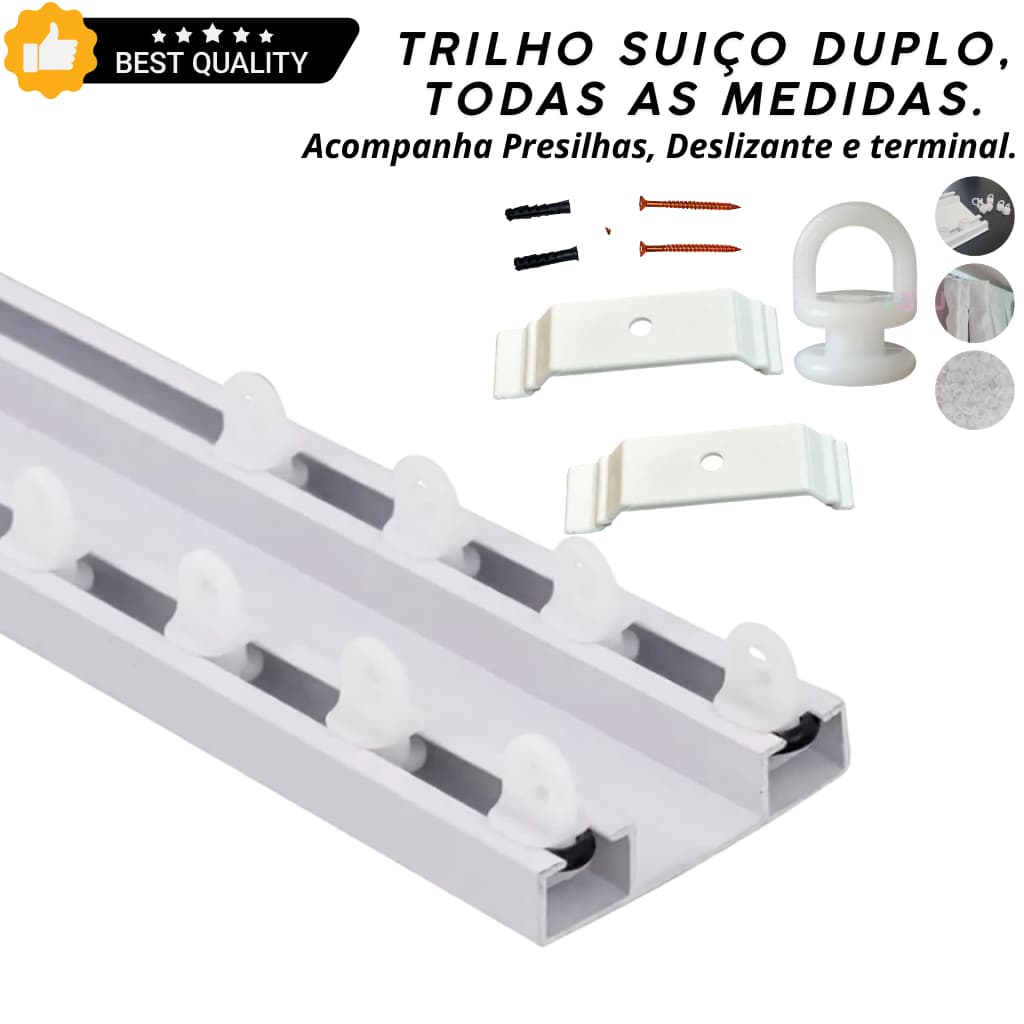 Trilho Suíço Max Duplo de Alumínio para Cortina – Pintura Eletrostática Branca, Ideal Para Sala, Quarto e Escritorio