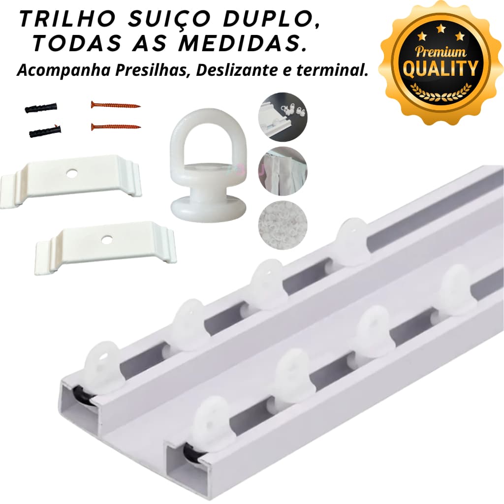 Trilho Suíço Duplo Para Cortina Em Alumínio Branco – Trilho Deslizante Resistente, Pronto Para Instalar Todas Medidas