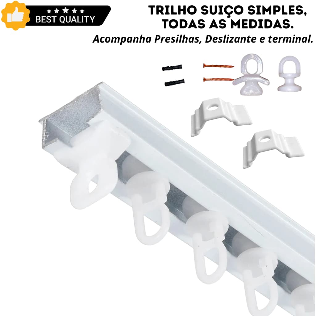 Trilho Suíço Max Simples de Alumínio para Cortina – Pintura Eletrostática Branca, Ideal Para Sala, Quarto e Escritorio