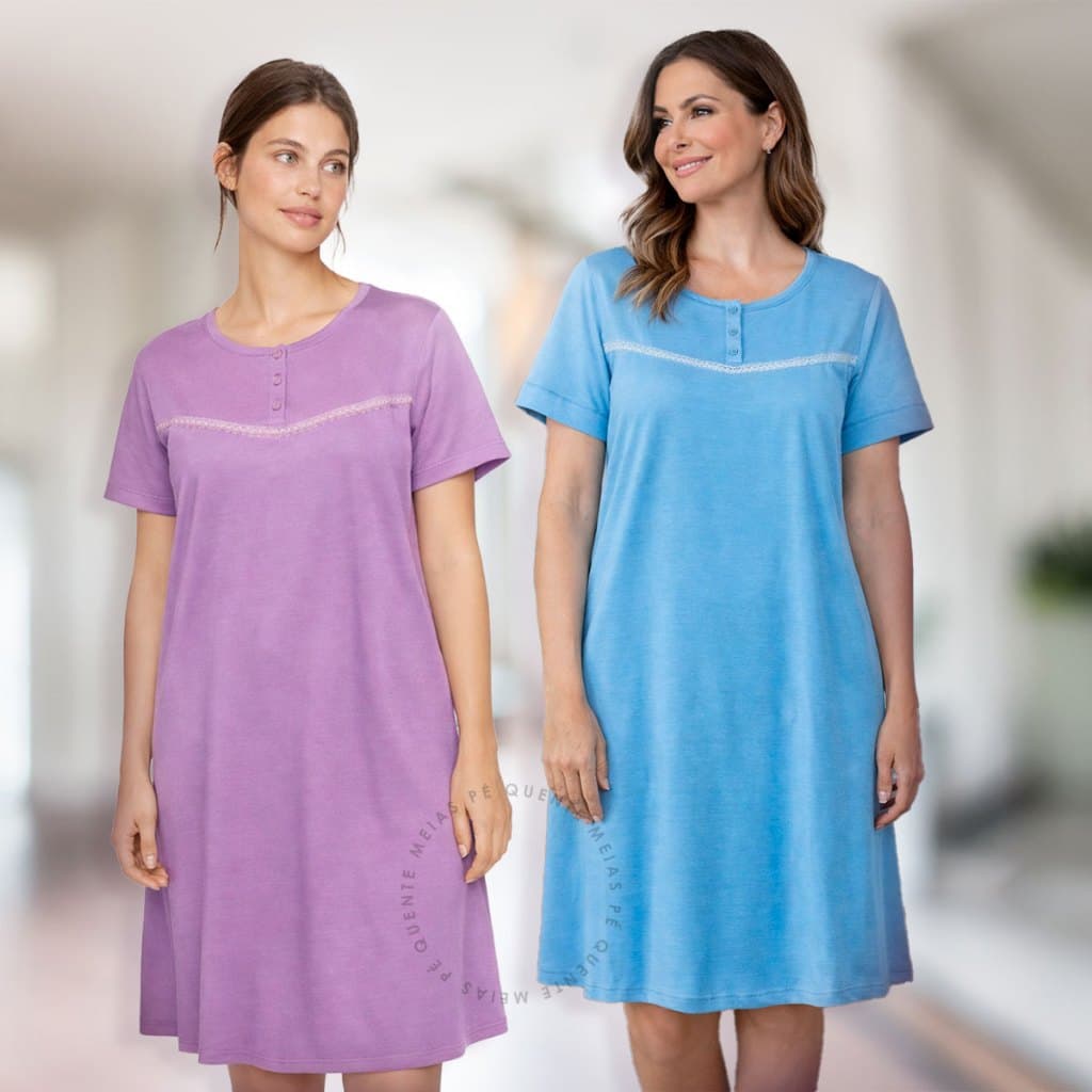 Camisola Adulta Senhora Pijama Feminino Vestido Malha Confortável Botão