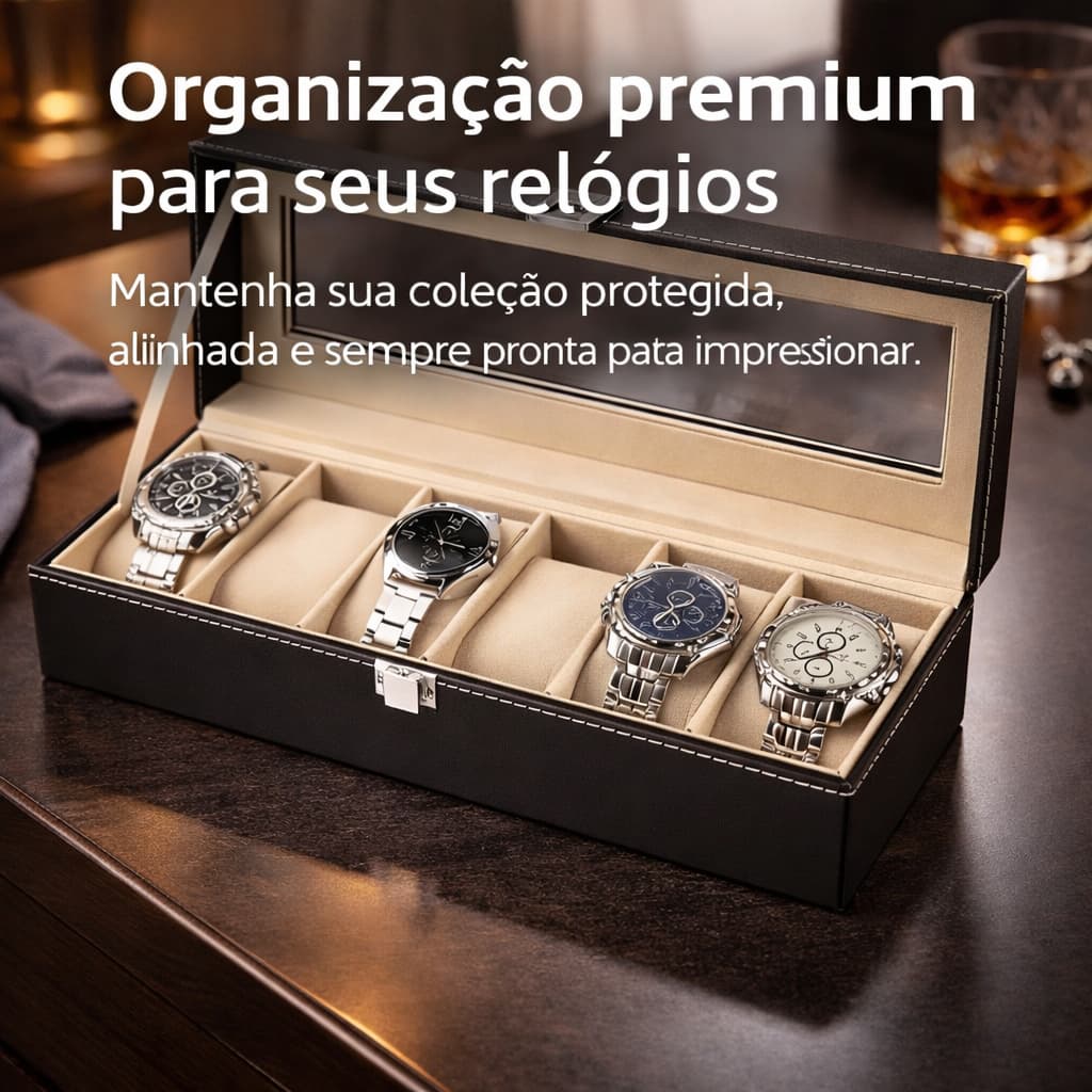 Porta Relógio 6 Divisórias Estojo Organizador Aveludado Luxo Maleta Caixa