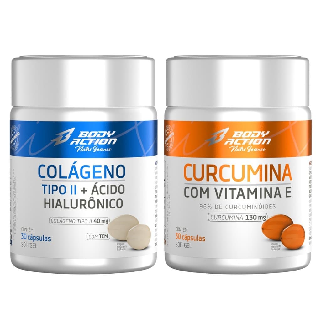 Kit Colágeno Tipo 2 Ácido Hialurônico + Curcumina com Vitamina E Bodyaction