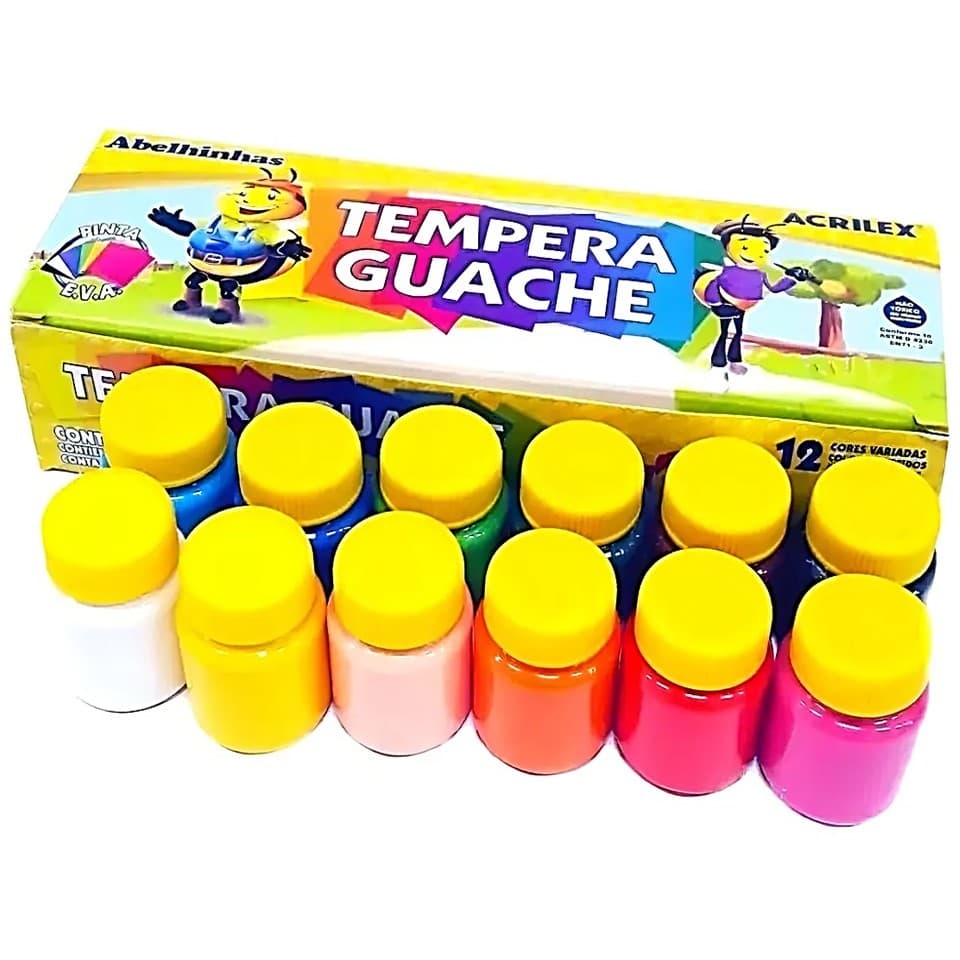 Tintas Tempera Guache Acrilex Caixa 12 Potes 15ml Material Escolar Não Tóxico Para Crianças Original Acrilex
