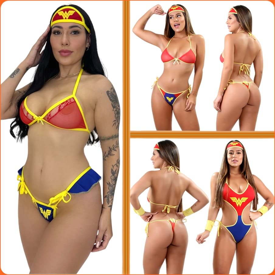 Fantasia Mulher Maravilha Body Sensual Mini Conjunto Lingerie com Viseira