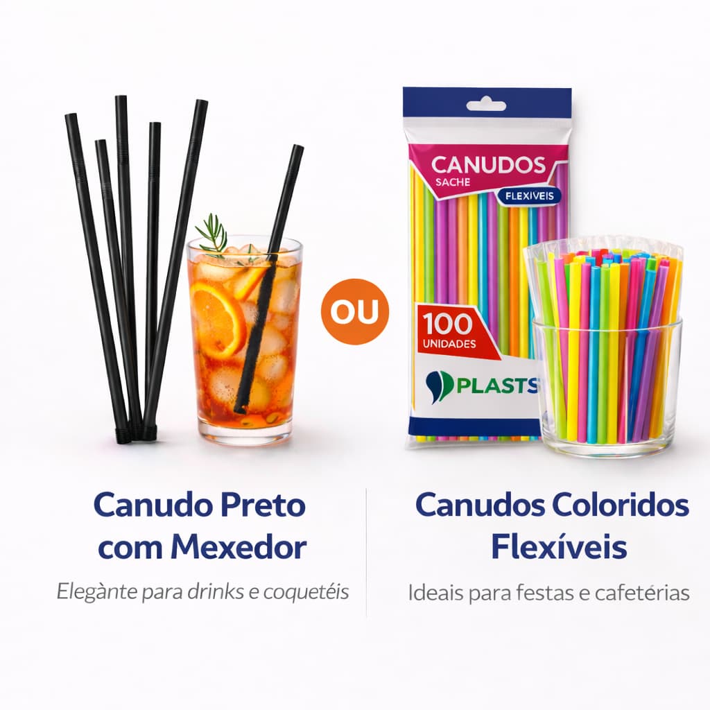Canudo Plástico Descartável 100 a 500 Un Colorido Dobrável ou Preto com Mexedor para Drink Festa Bar