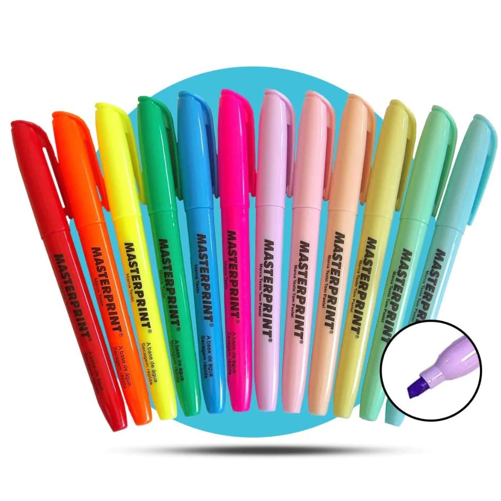 Kit 12 Canetas Marca Texto Masterprint (6 Tons Neons + 6 Pastéis)