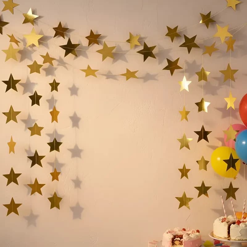 16m de Bandeirinha com 120 Estrelinhas Decoração de Festa Aniversário Banner Painel Estrelas Dourada