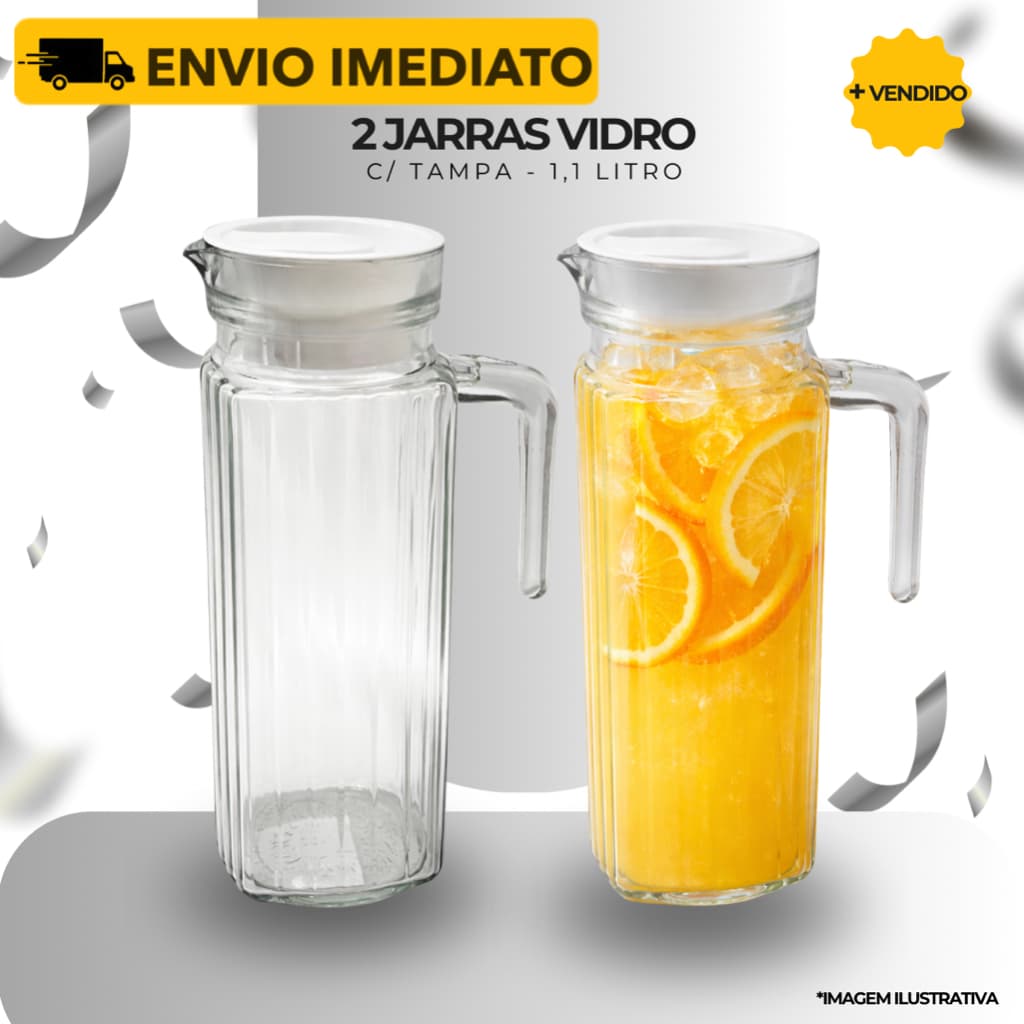 Jogo 2 Jarras Vidro Suiça Transparente 1,1 Litro C/Tampa Resistente