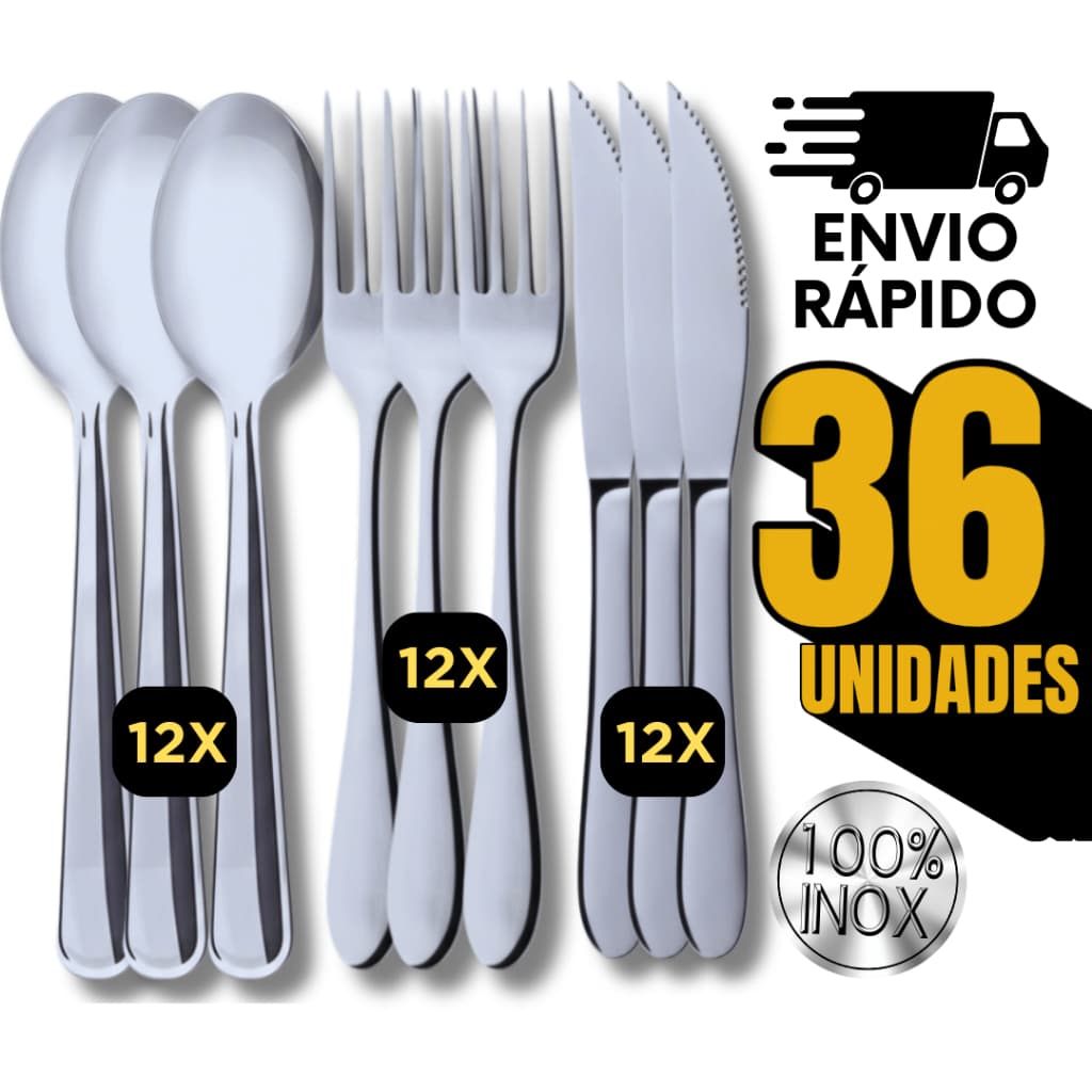 Kit Talheres 36 Peças em Inox 12 Garfo 12 Faca 12 Colher Faqueiro Casa Cozinha Buffet