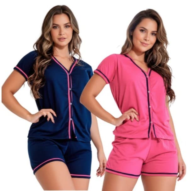 Kit 2 Pijamas Americano Amamentação Baby Doll meia manga com botões em Malha Cores Sortidas