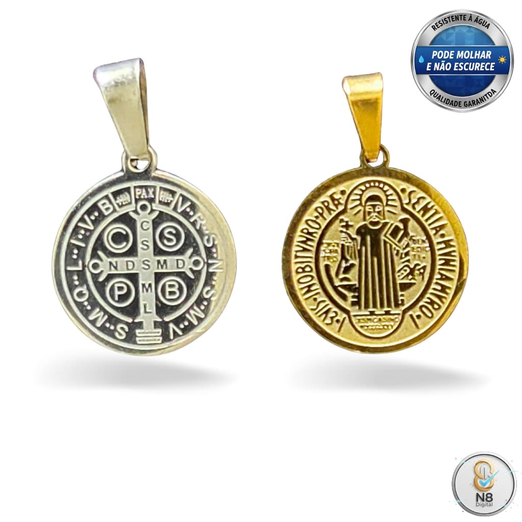 Pingente São Bento Dupla Face Aço Inox 1,5cm Prateado Dourado Pode Molhar Não Escurece Fé Proteção