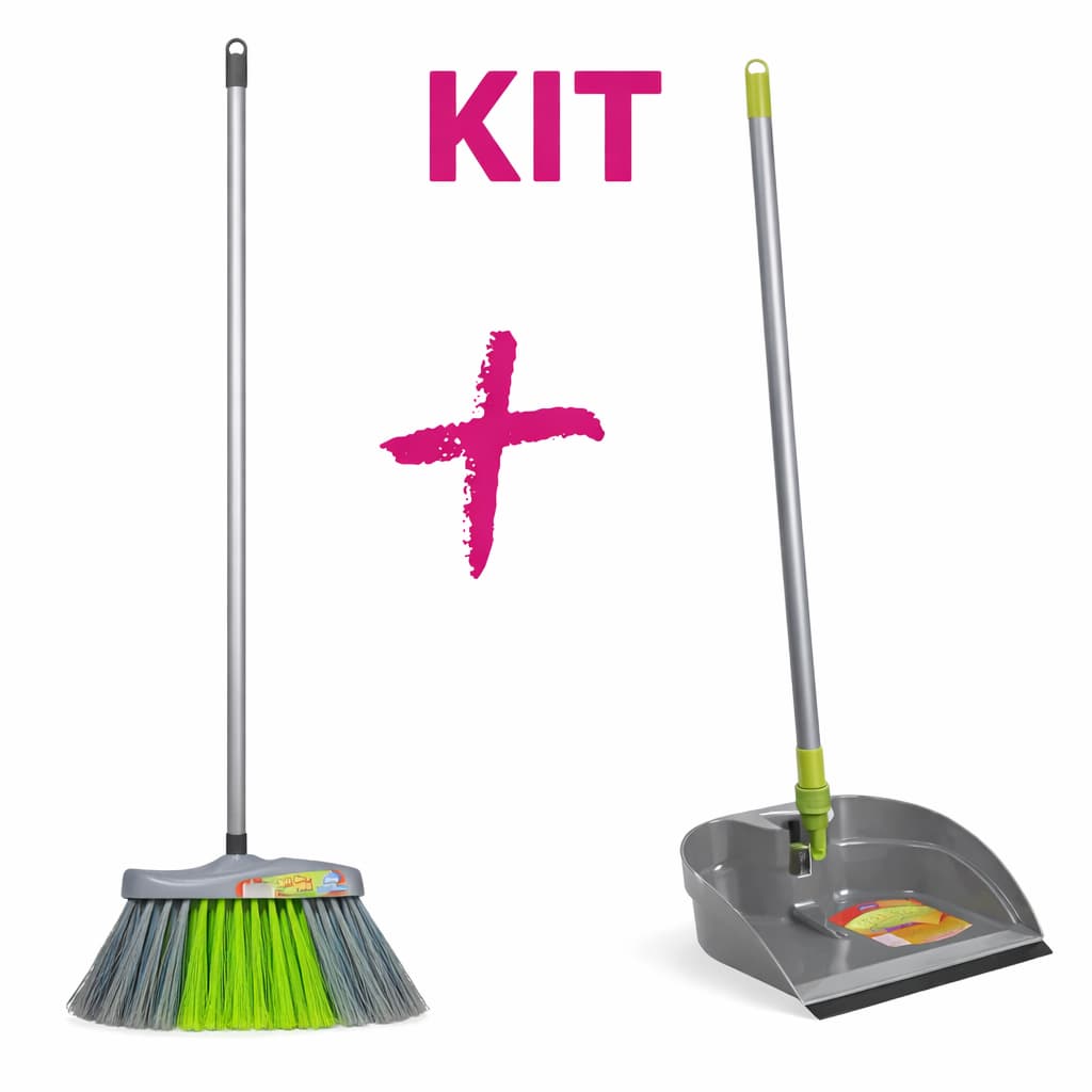 Kit Vassoura + Super Pá com Cabo Dobrável Articulado  Limpeza Eficiente