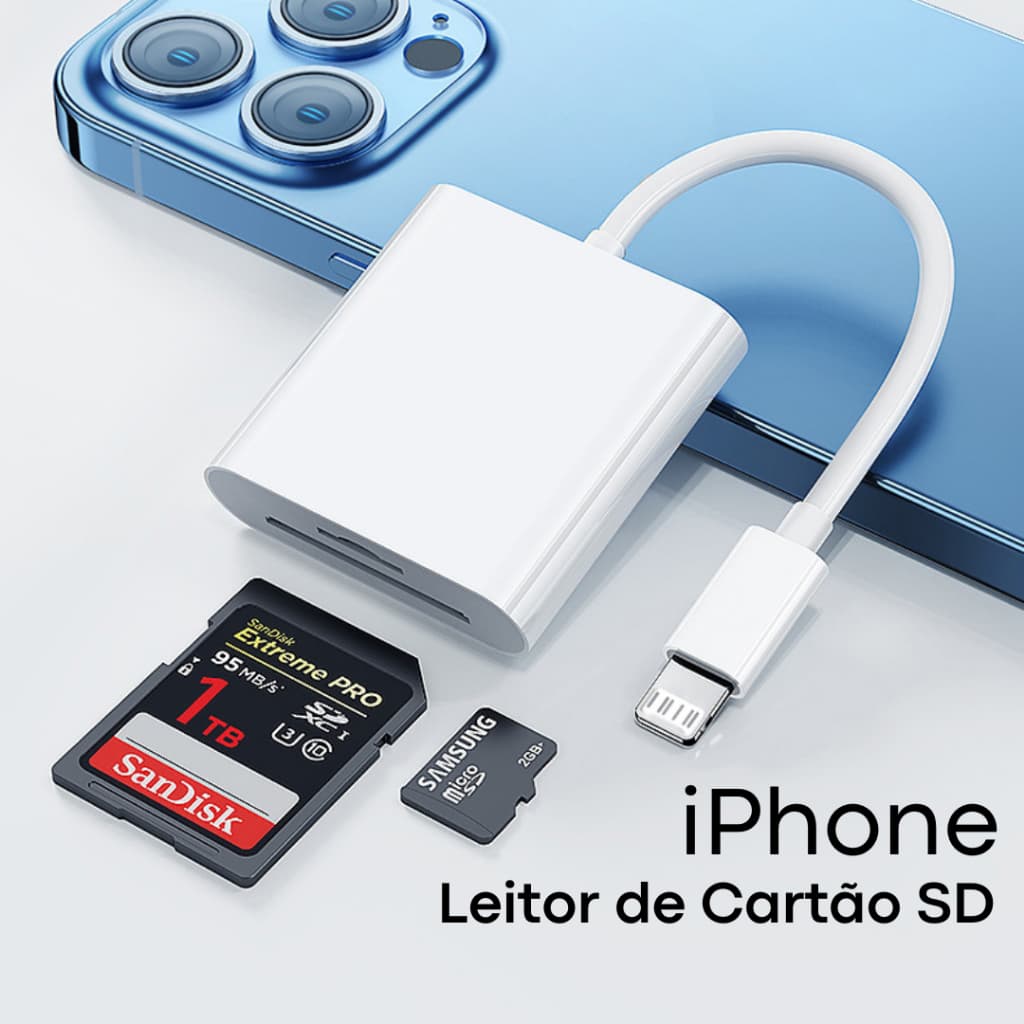 Adaptador Leitor de Cartão 2 Em 1 Para Iphone 8 ao 14 SD TF IOS Lightning