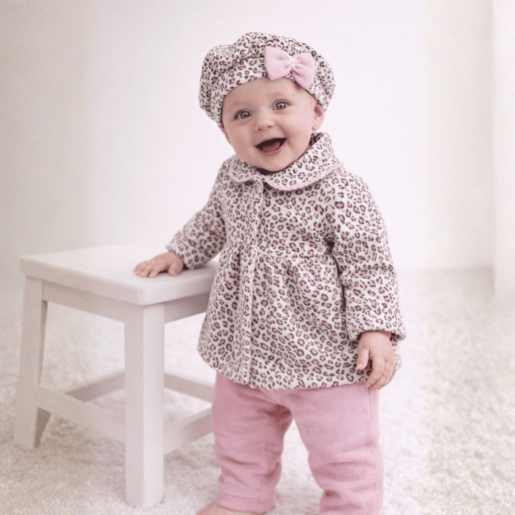 Conjunto Bebê Menina em Soft Estampa Oncinha Laço 3 Peças Casaco + Calça + Boina Inverno