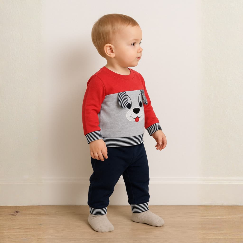 Conjunto Bebê Menino Suedine com Bordado Forro Interno 2 Peças Blusa + Calça Orelhinhas 3D Macio