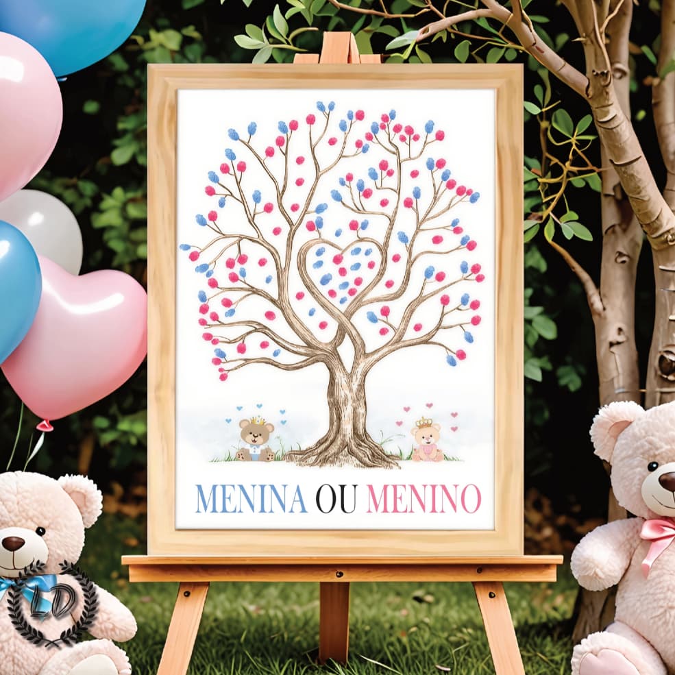 Placa Recepção Chá Revelação Ursinhos Árvore Digitais Assinaturas Personalizado