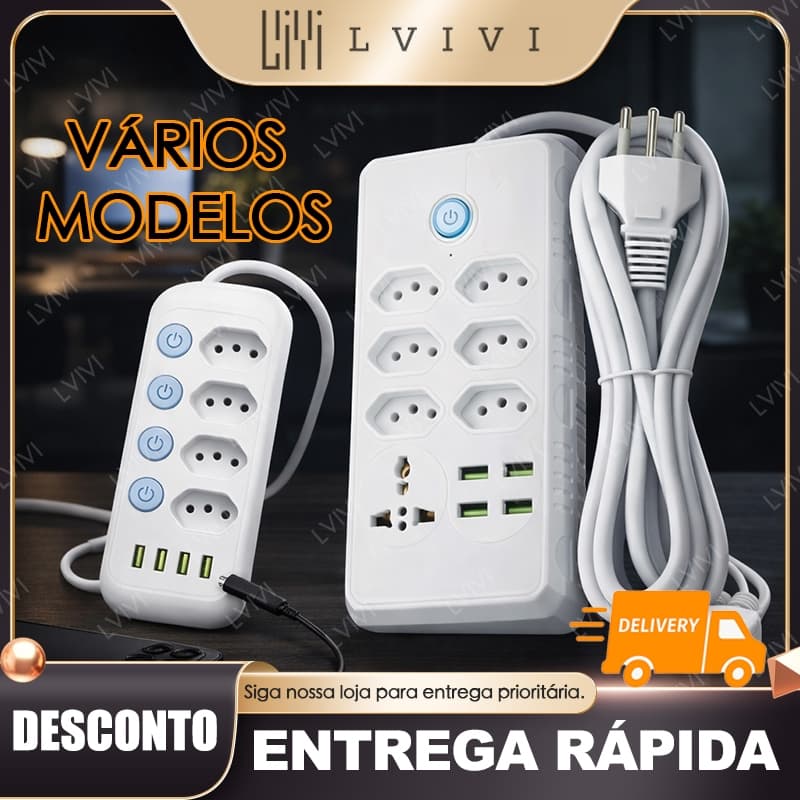 Cabo de extensão de energia de 2 m com 5 soquetes e 4 portas USB, interruptor, voltagem dupla 110 V/220 V