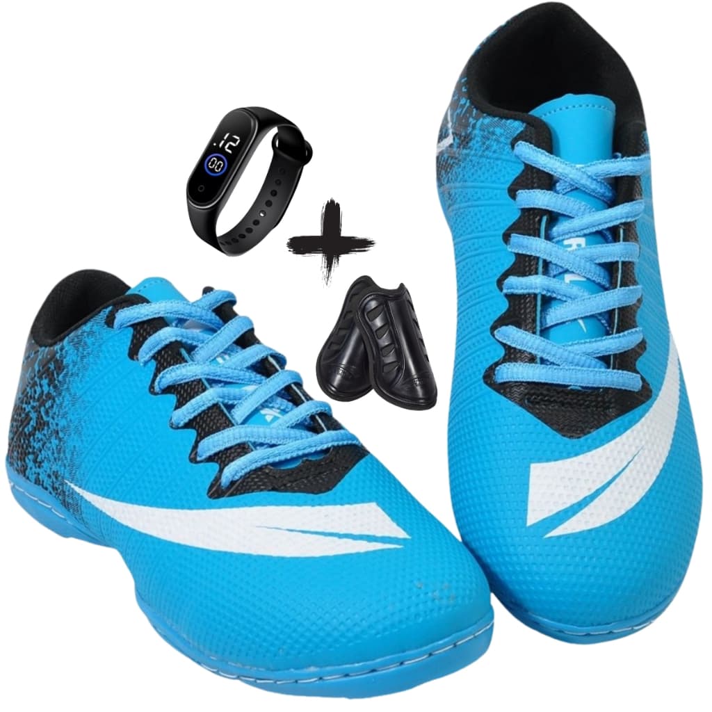 Chuteira FUTSAL Quadra Adulto Infantil  com  RELOGIO e CANELEIRA Colada e Costurada Promoção