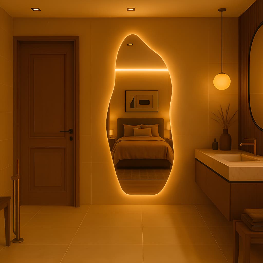 Espelho Orgânico Led 150x40cm 170x50cm Luz Branco e Luz Amarela Flame Quarto Sala Salão Loja