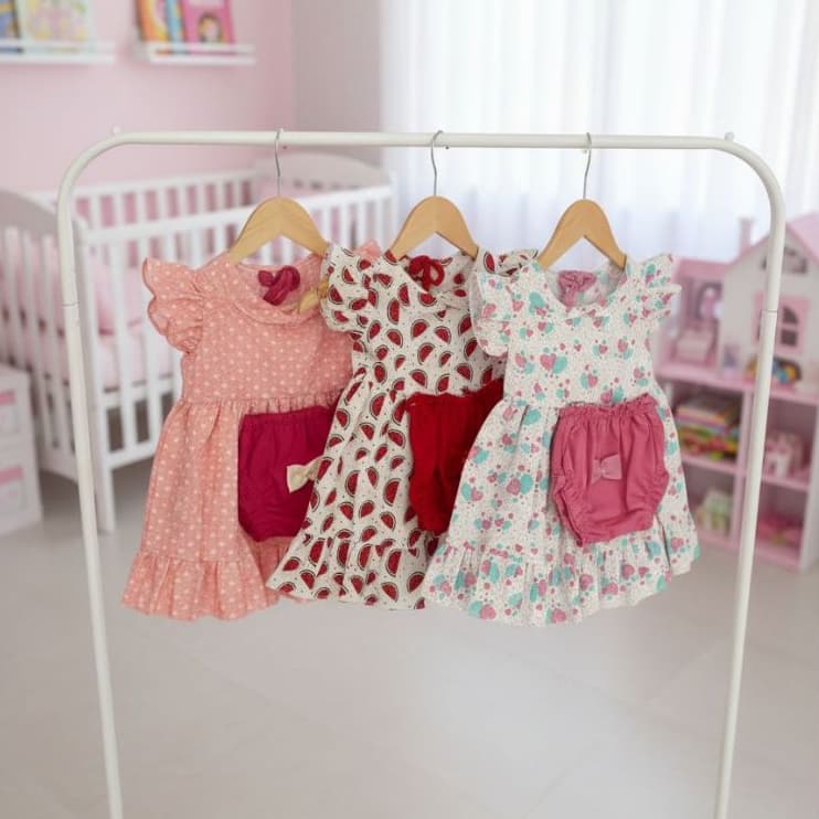 Vestido Infantil Menina Kit 3 Peças Conjunto Feminino Criança Pronta Entrega 0 a 6 Meses Sortidas