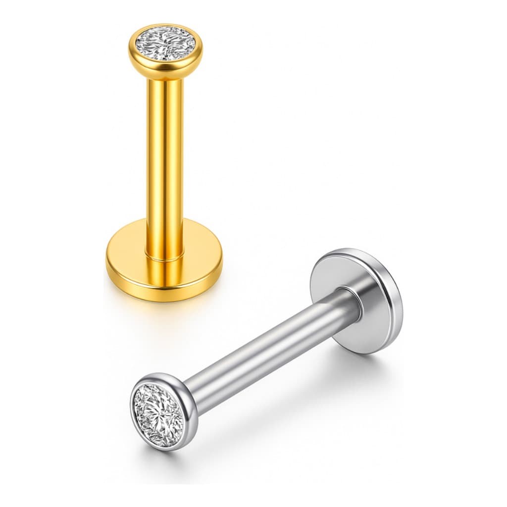 Piercing 100% Em Titânio Ponto Luz Zircônia Helix Conch Labret Pvd Prata e Dourado