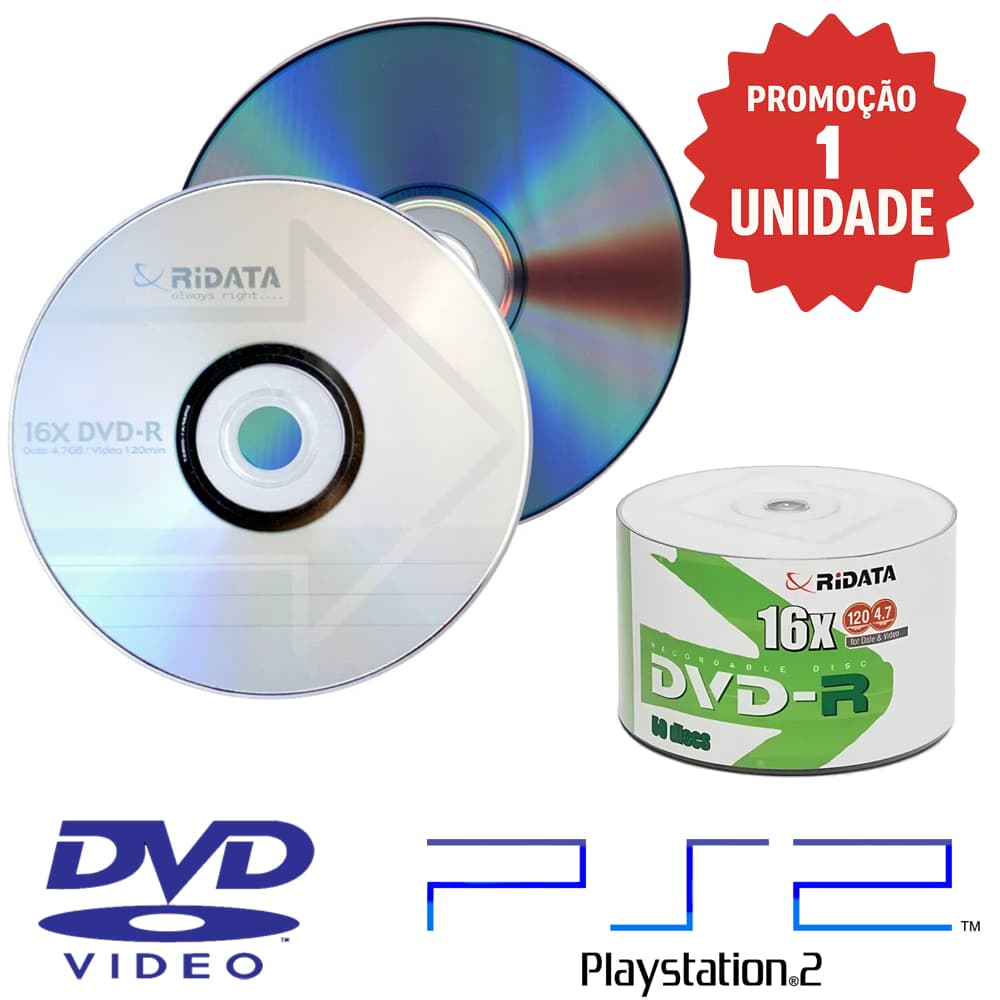 01 Unid DVD-R Virgem Midia Ridata Com Logo 16x 120 Min 4.7 Gb -Melhor Opção p/ Videos e Playstation 2 PS2 100% Qualidade