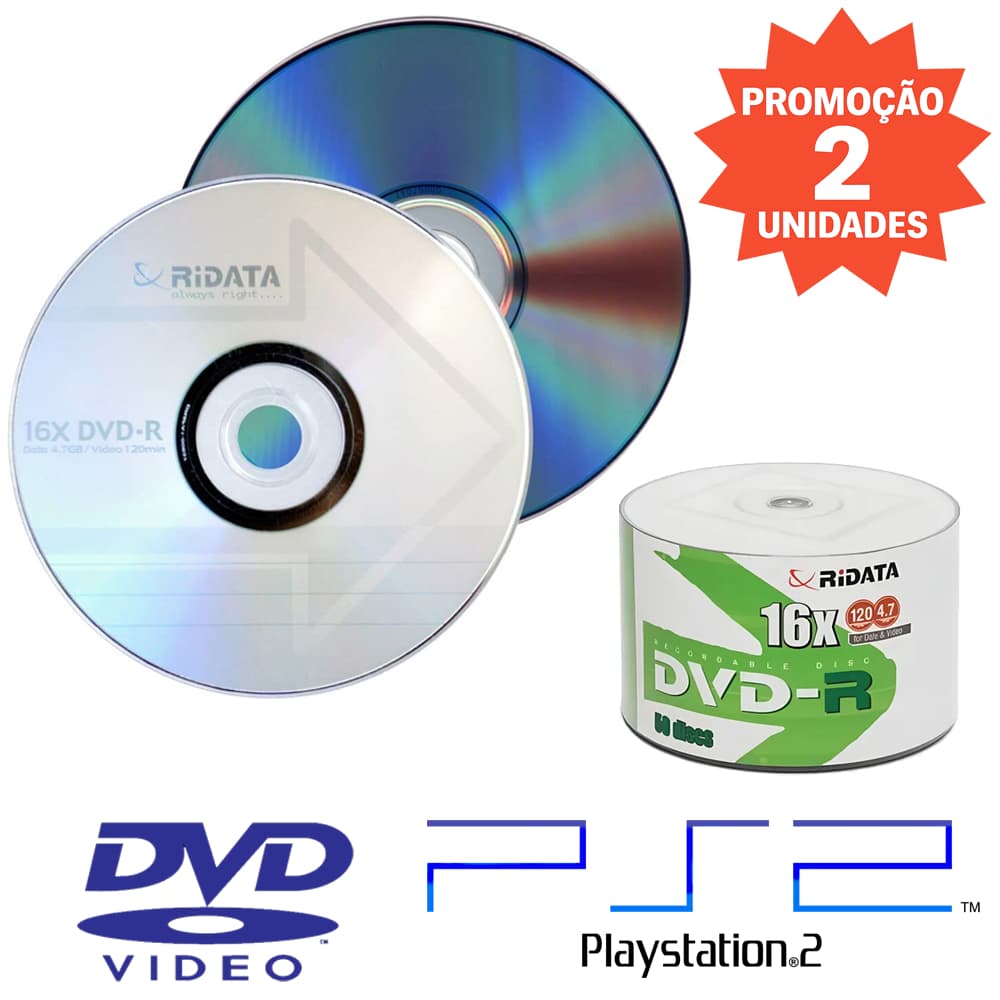 02 Unid DVD-R Virgem Midia Ridata Com Logo 16x 120 Min 4.7 Gb -Melhor Opção p/ Videos e Playstation 2 PS2 100% Qualidade