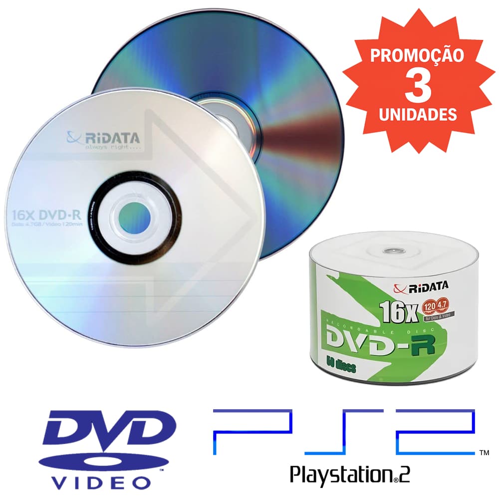 03 Unid DVD-R Virgem Midia Ridata Com Logo 16x 120 Min 4.7 Gb -Melhor Opção p/ Videos e Playstation 2 PS2 100% Qualidade