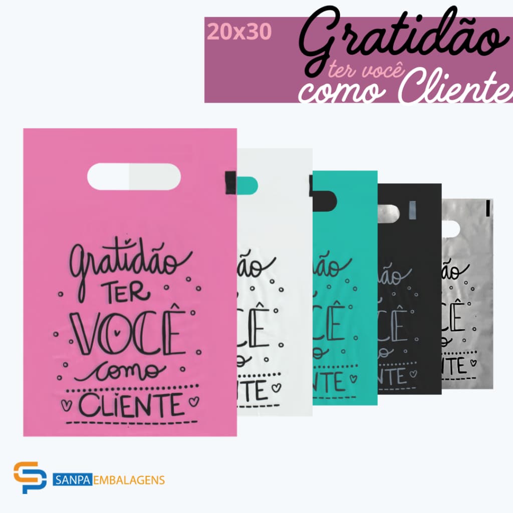 Sacolas Plásticas Bolsa Boca de Palhaço Alça Vazada tam20x30cm Frase Gratidão