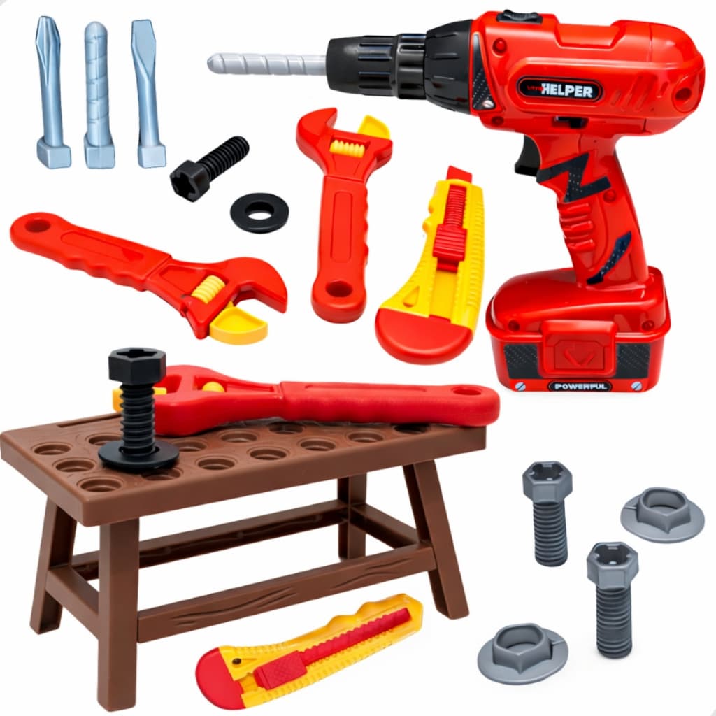 Kit Ferramentas Infantil Com Bancada E Furadeira Parafusos Que Gira Educativo Peças