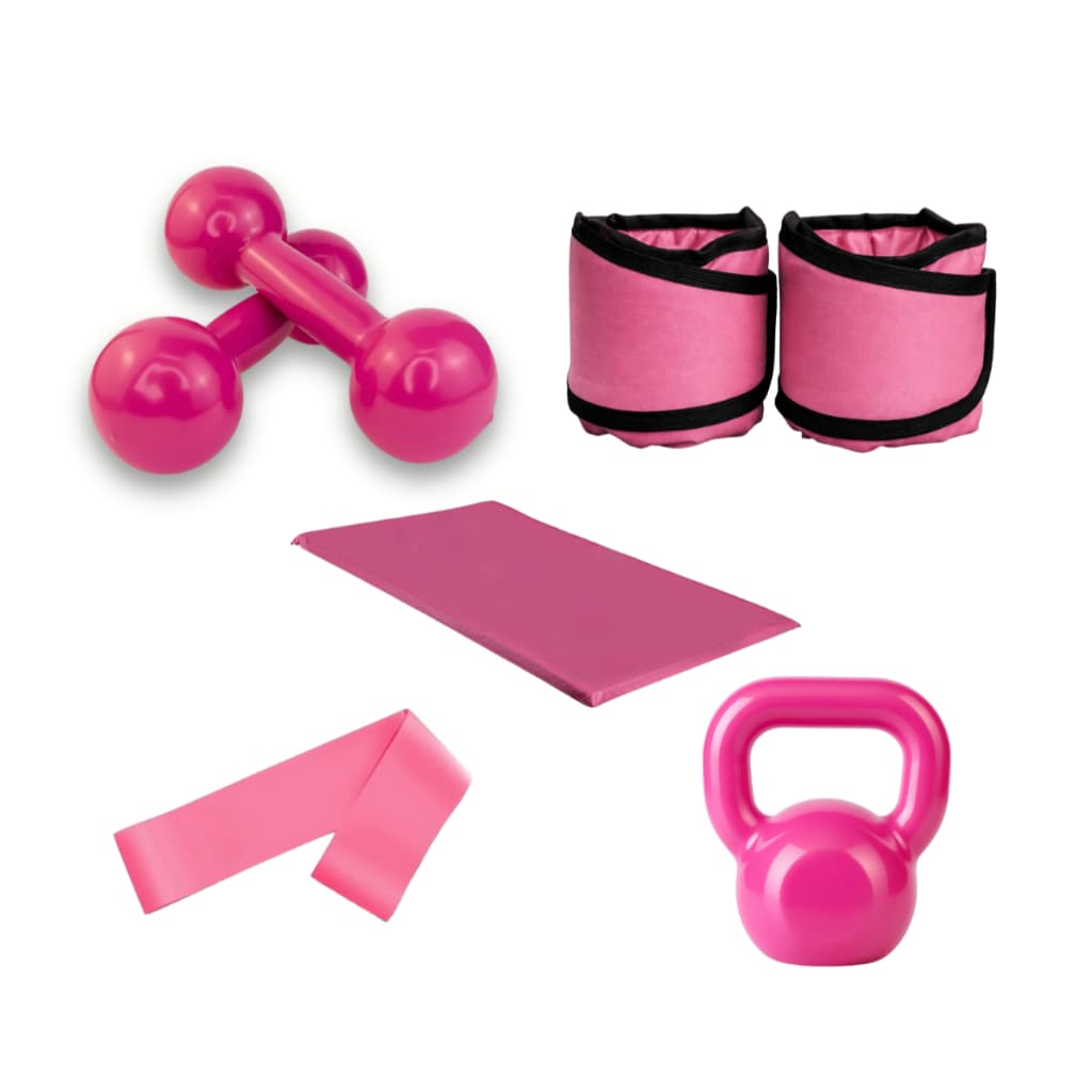 Treino Aeróbico Agachamento Kettlebell 4 Kg + Par Halter 1 Kg Rosa + Par Caneleira 1 Kg + Colchonete + Elástico