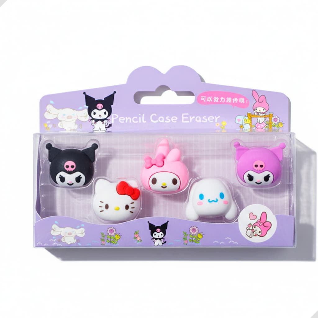 Kit 5 Borrachinhas Turma da Hello Kitty Sanrio Topo de Lápis Borracha Macia Ponteira Escolar