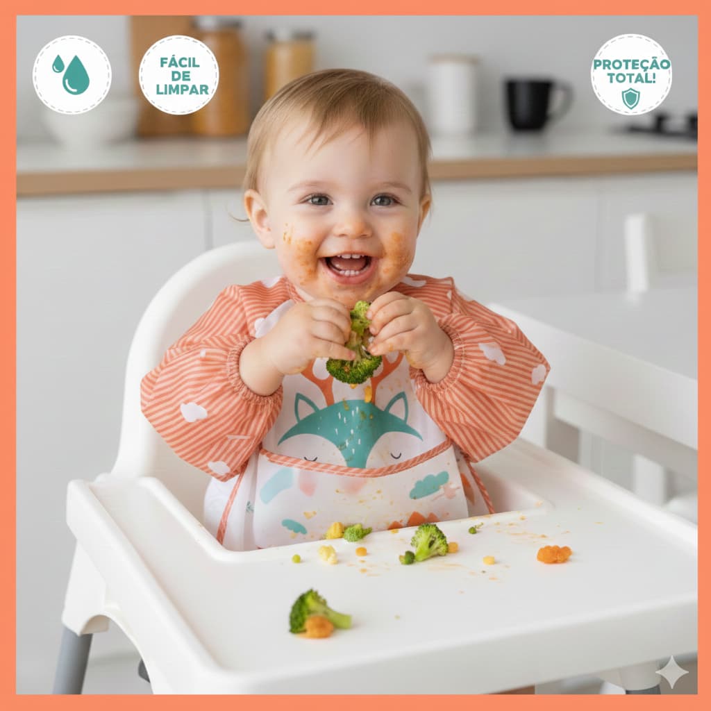 Babador Avental com Manga Longa e Bolso Cata-Migalhas Impermeável Bebê Infantil Animais Divertidos