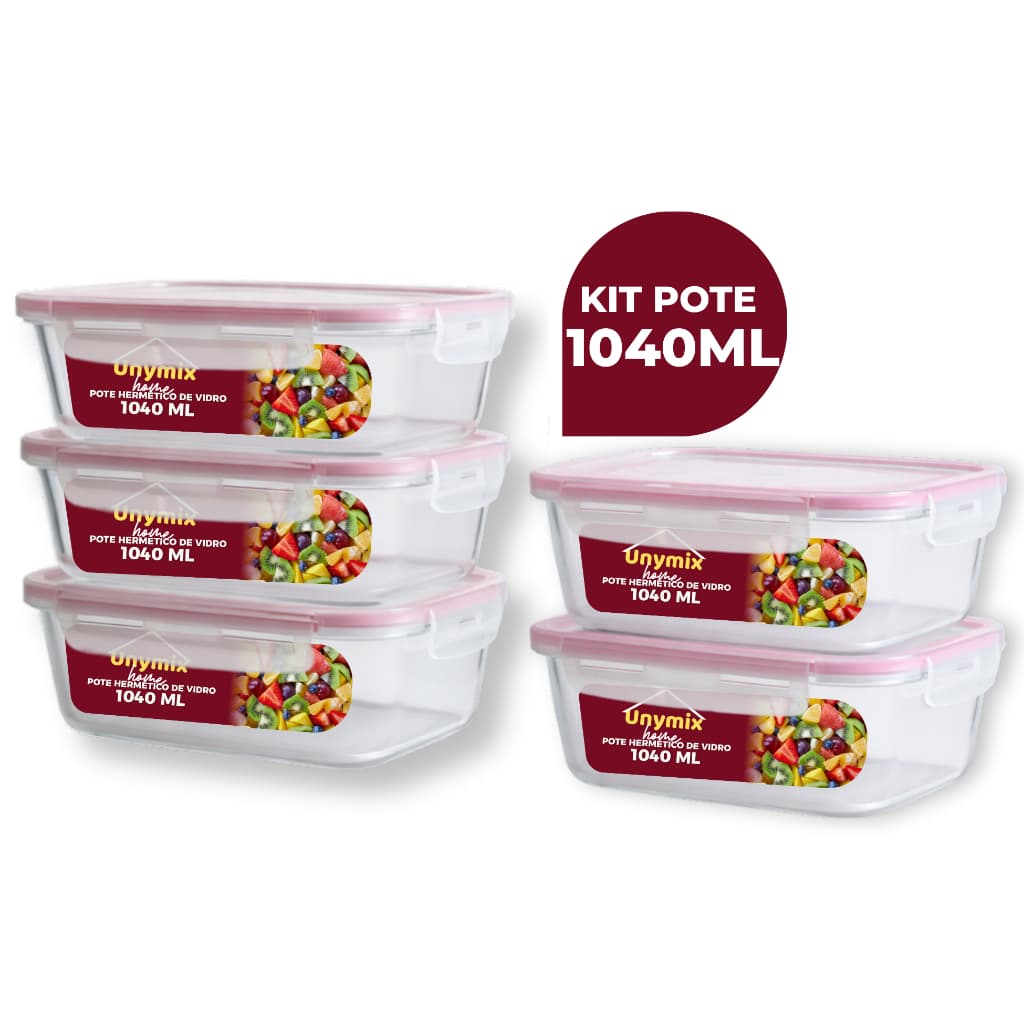 Kit 5 ou 10 Potes Vidro Hermético 1040ml Retangular 4 Travas Transparente Premium