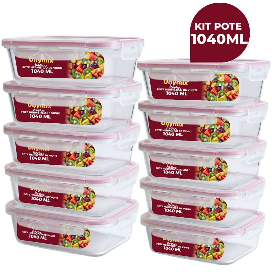 Kit 10 ou 5 Potes Vidro Hermético 1040ml Retangular 4 Travas Marmita Premium