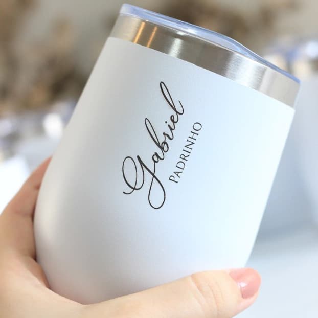 Copo Térmico Personalizado Cuia com Tampa de Acrílico 360ml Padrinho Madrinha Batizado