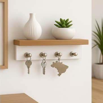 Porta Chaves Minimalista para 4 Chaveiros MDF Branco e Freijó