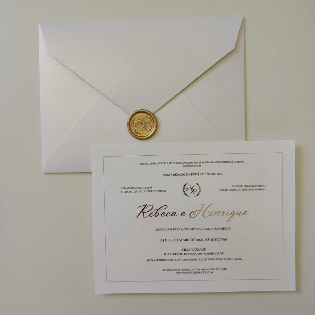 35 Convite Casamento c/ Metalizado e Lacre de Cera Dourado com borda em relevo