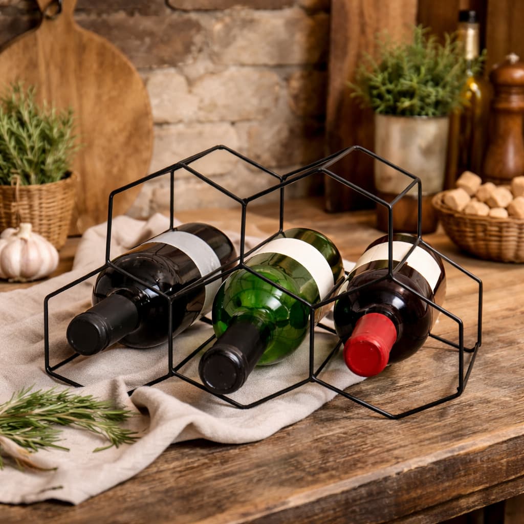 Suporte Colmeia para Vinho Geométrico em Ferro Preto Decorativo