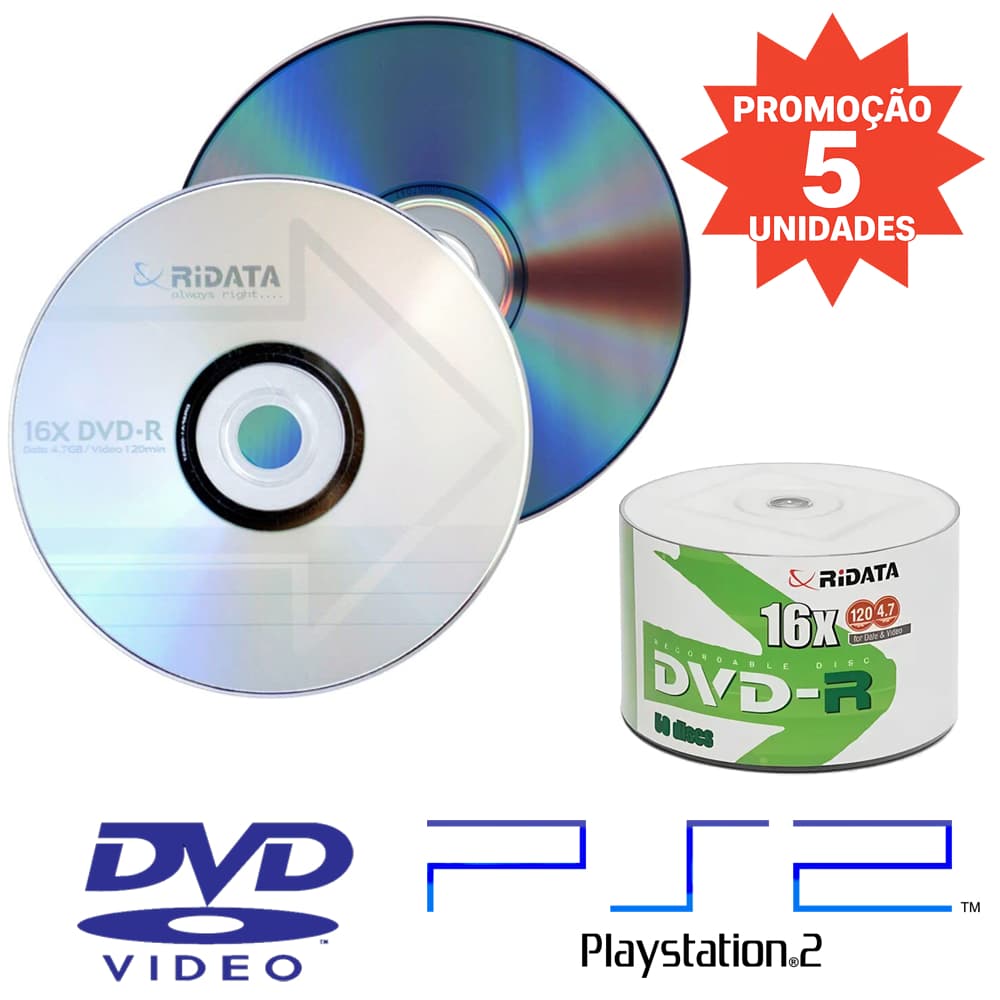 05 Unid DVD-R Virgem Midia Ridata Com Logo 16x 120 Min 4.7 Gb -Melhor Opção p/ Videos e Playstation 2 PS2 100% Qualidade