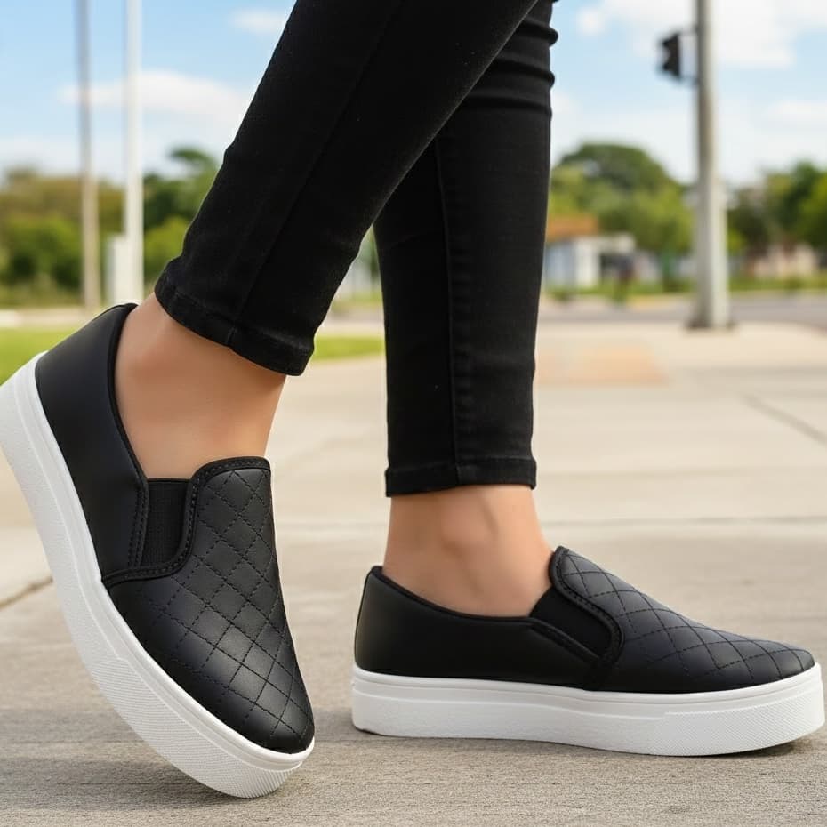 Promoção Tênis Slip On Feminino Calce Fácil Confortável Quadradinho Preto e Caramelo
