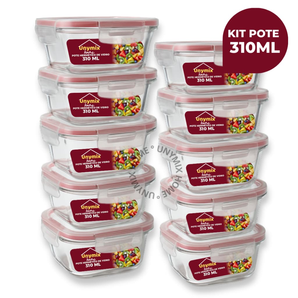 Kit 10 ou 5 Potes Vidro Herméticos  310ml  Quadrado Com Tampa - 4 Travas Premium