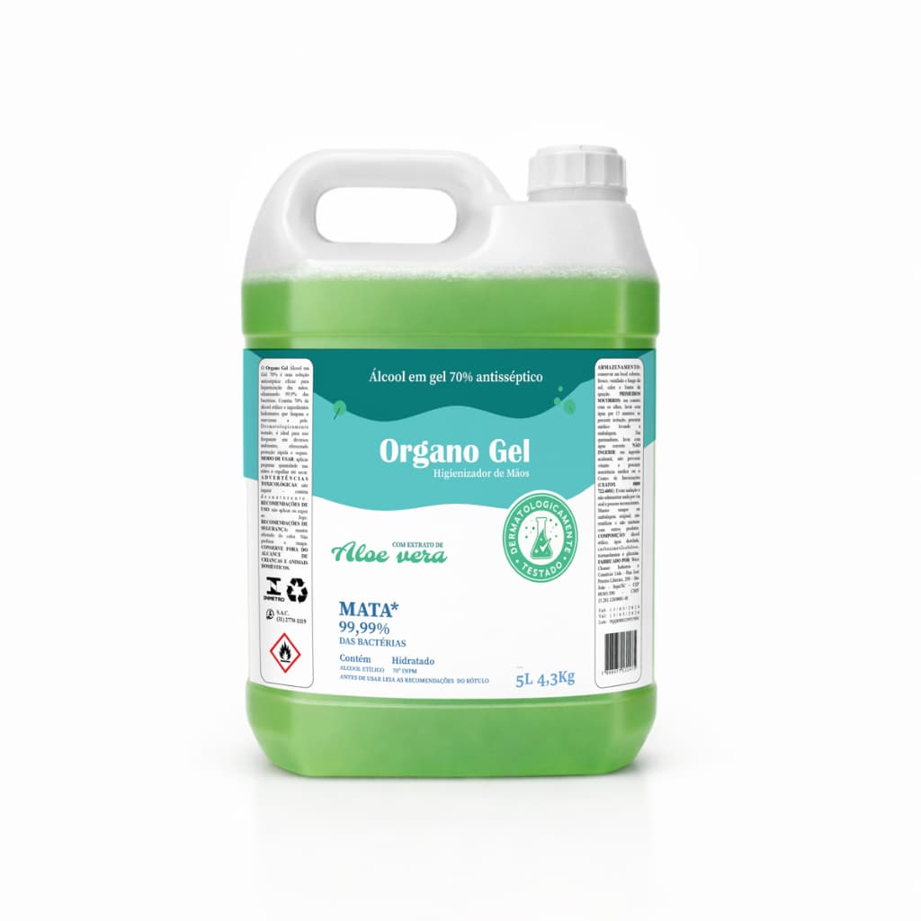 Álcool em Gel 70% com Aloe Vera - 5L - Antisséptico Hidratante Não Gruda Não Deixa Melecado