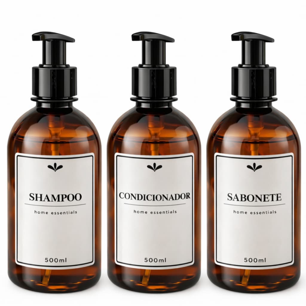 Frascos para shampoo, condicionador e sabonete 500ml âmbar kit para banheiro