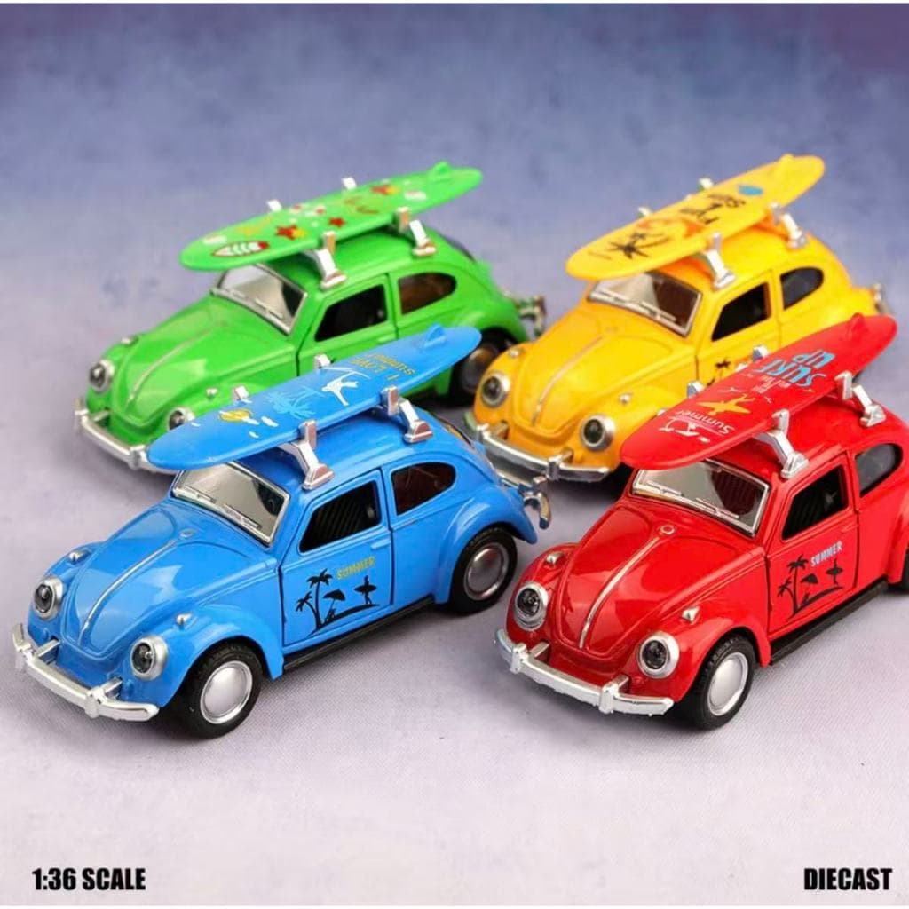 Miniatura Fusca Praiano Retrô com Prancha de Surf   Fricção  Abre Portas  Metal