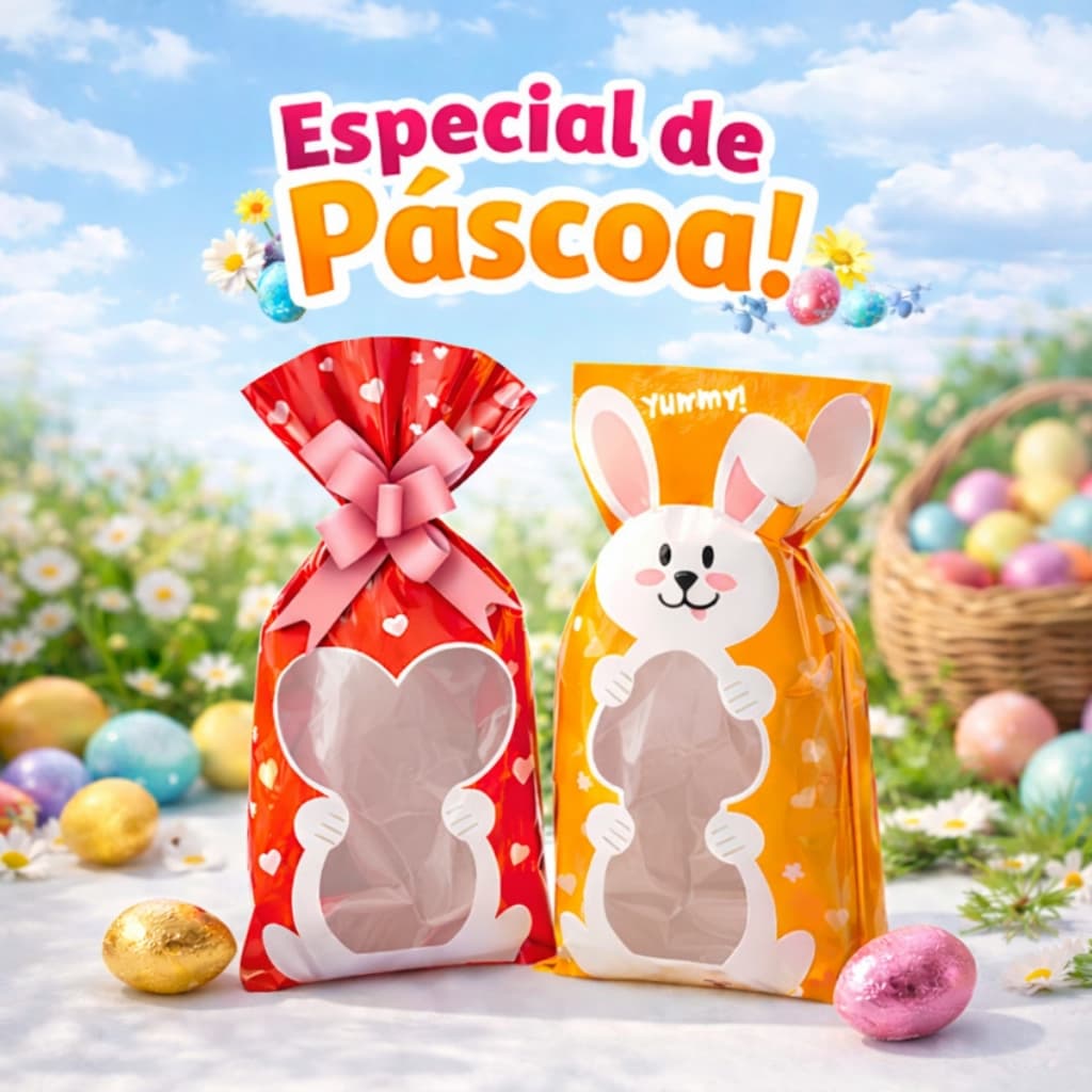 Saco Poli Bunny 12Cmx22Cm para doces com 50 Unidades