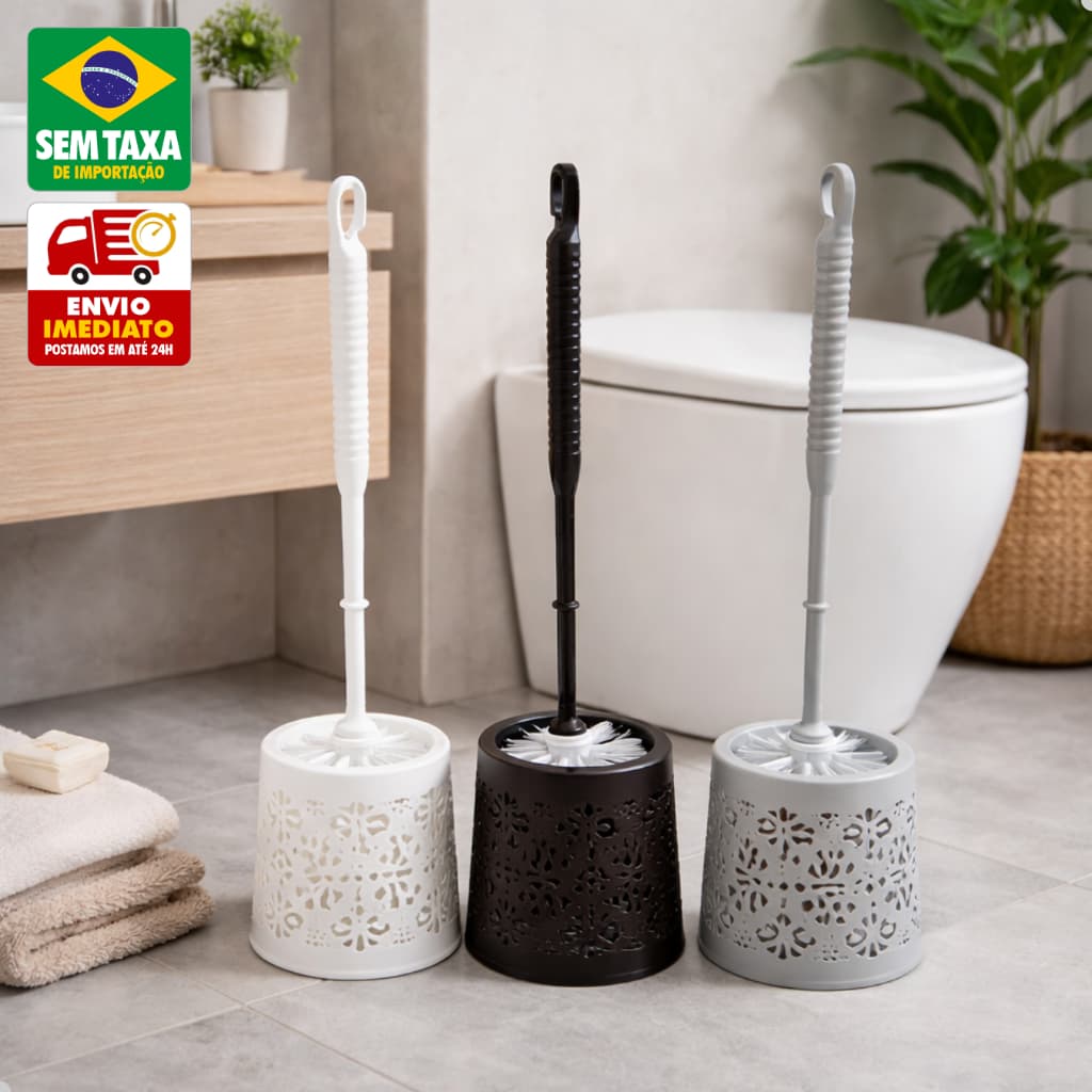 Escova Sanitária com Suporte em Plástico Resistente Vazado Elegante Banheiro Preto Cinza Branco