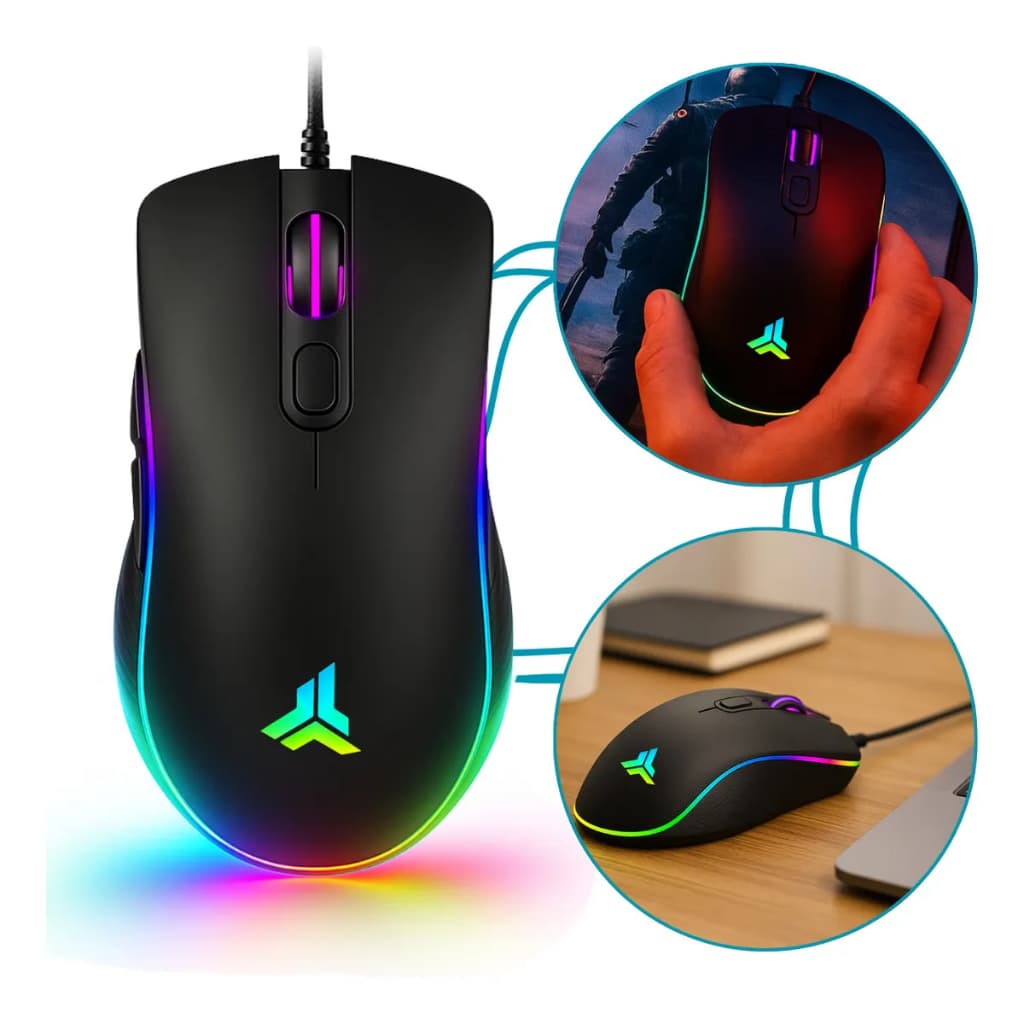 Mouse Gamer USB RGB 4800 DPI Ajustável 7 Botões Óptico Ergonômico para PC Notebook e Conexão USB