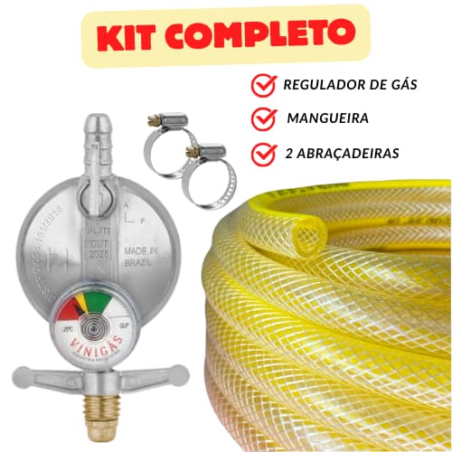 Kit Registro Regulador de Gás Manometro com Visor Mangueira e Abraçadeira